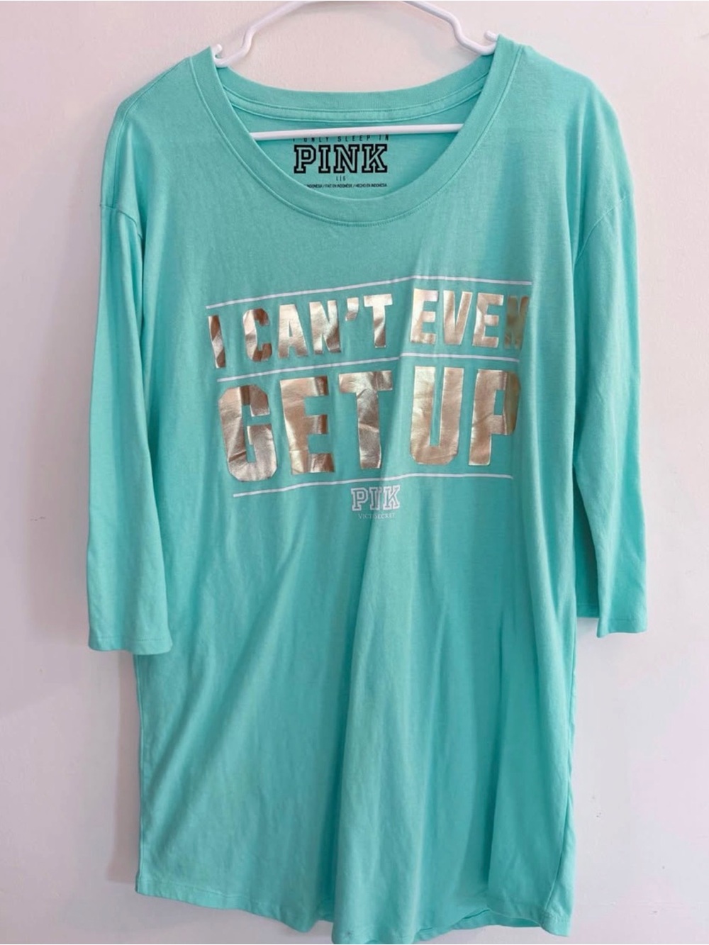 PINK Victoria's Secret Mint Green Graphic Sleep Tee with Gold Foil